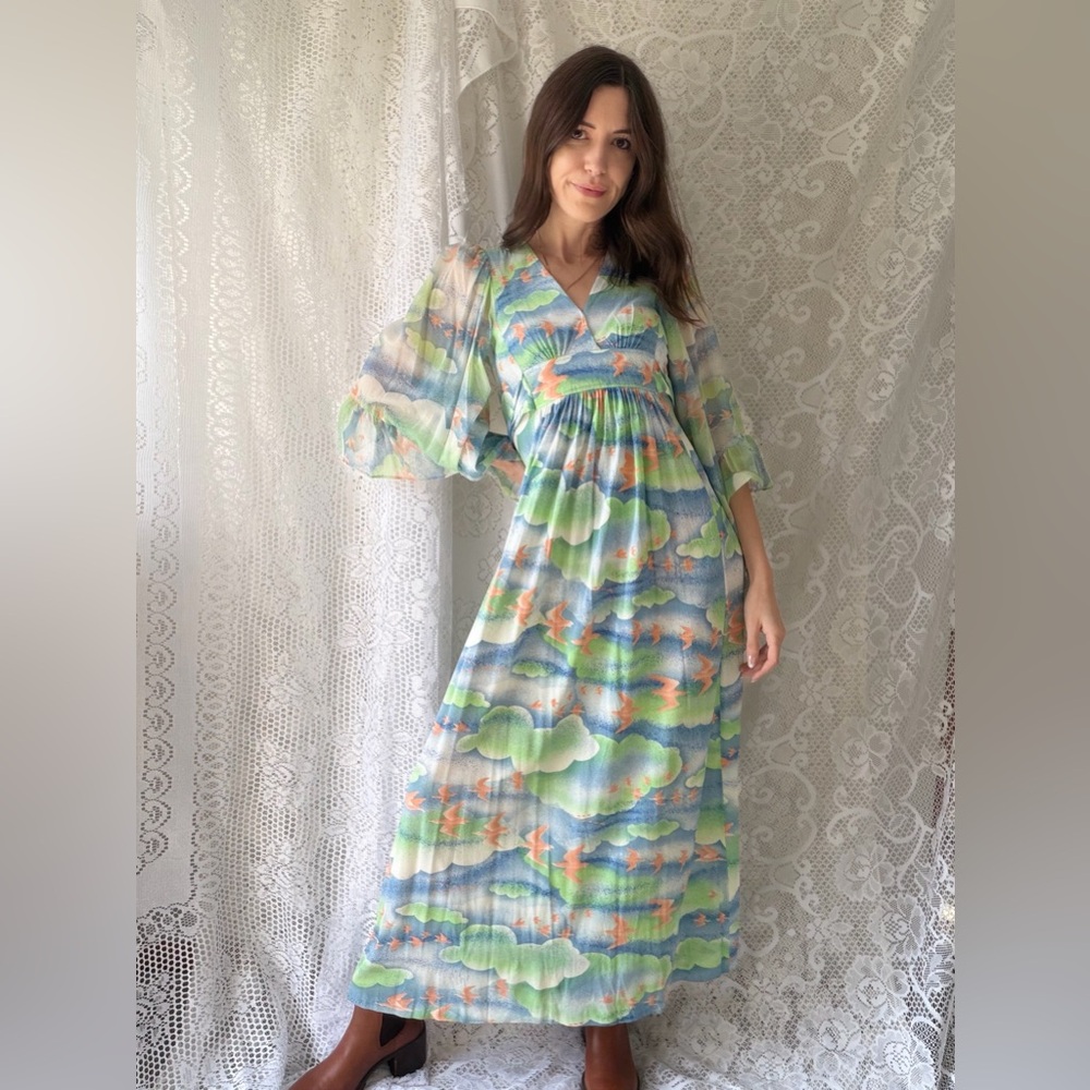Vintage 70s Bird Print Cloudscape Maxi Dress Boho Flutter Sleeve Empire Waist